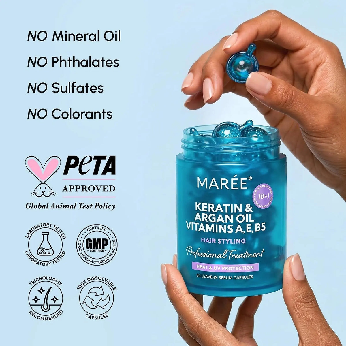 Maree keratin oil capsules for frizz control, showing a close-up of the capsules in a clear container on a neutral background.