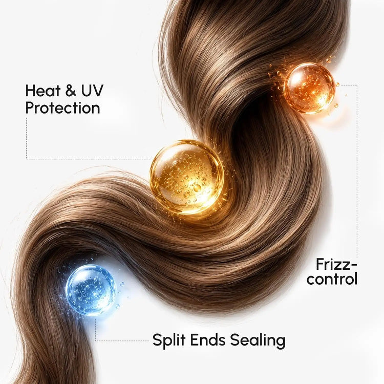 Maree keratin oil capsules for frizz control, showing glossy capsules in a close-up shot on a white background.