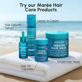 Maree keratin oil capsules for frizz control, showing glossy capsules in a clear container on a neutral background.
