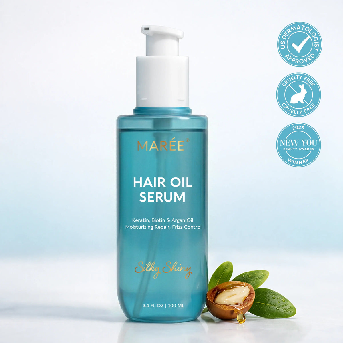 Maree keratin oil serum bottle for smooth, shiny hair with a dropper applicator and sleek packaging.