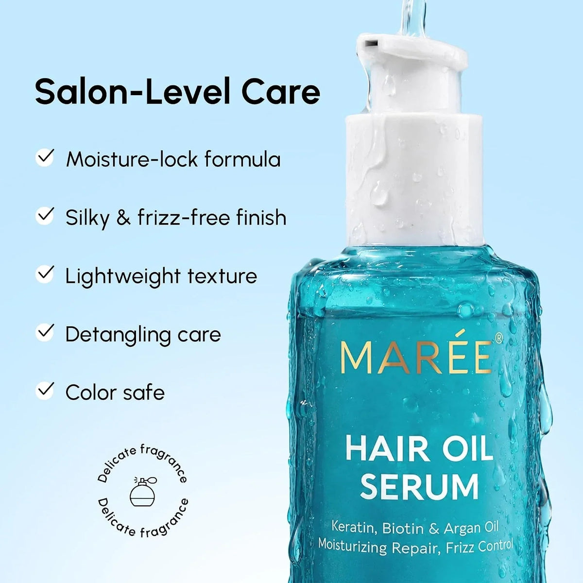 Maree keratin oil serum bottle for smooth, shiny hair, featuring the product label and dropper applicator.
