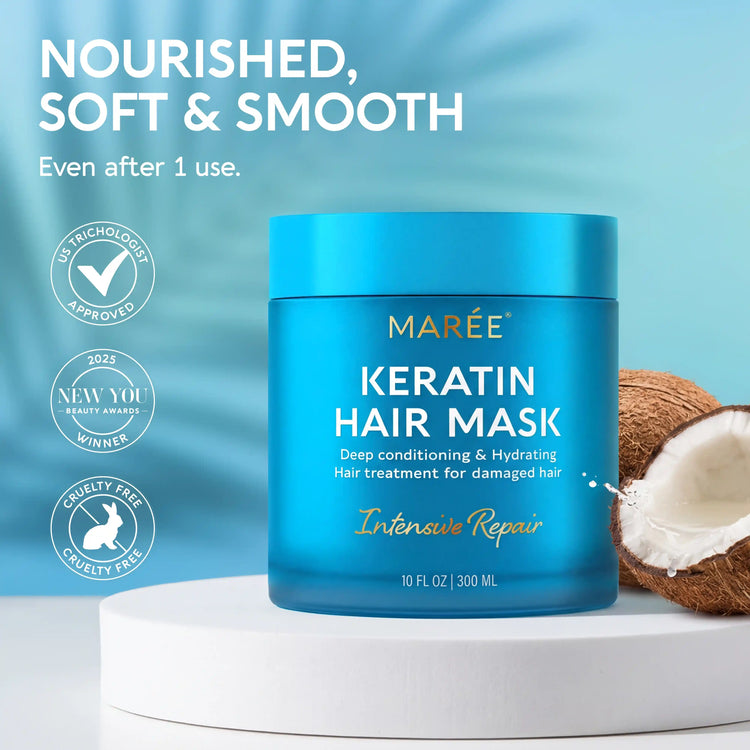 Maree keratin hair mask for damaged hair, deep conditioning treatment in a jar, with smooth, shiny hair visible in the image.