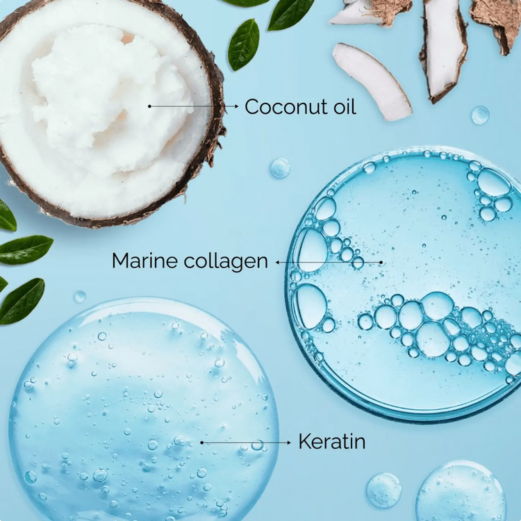 Maree Keratin Hair Treatment mask with natural ingredients, shown in a clear container with botanical elements in the background.