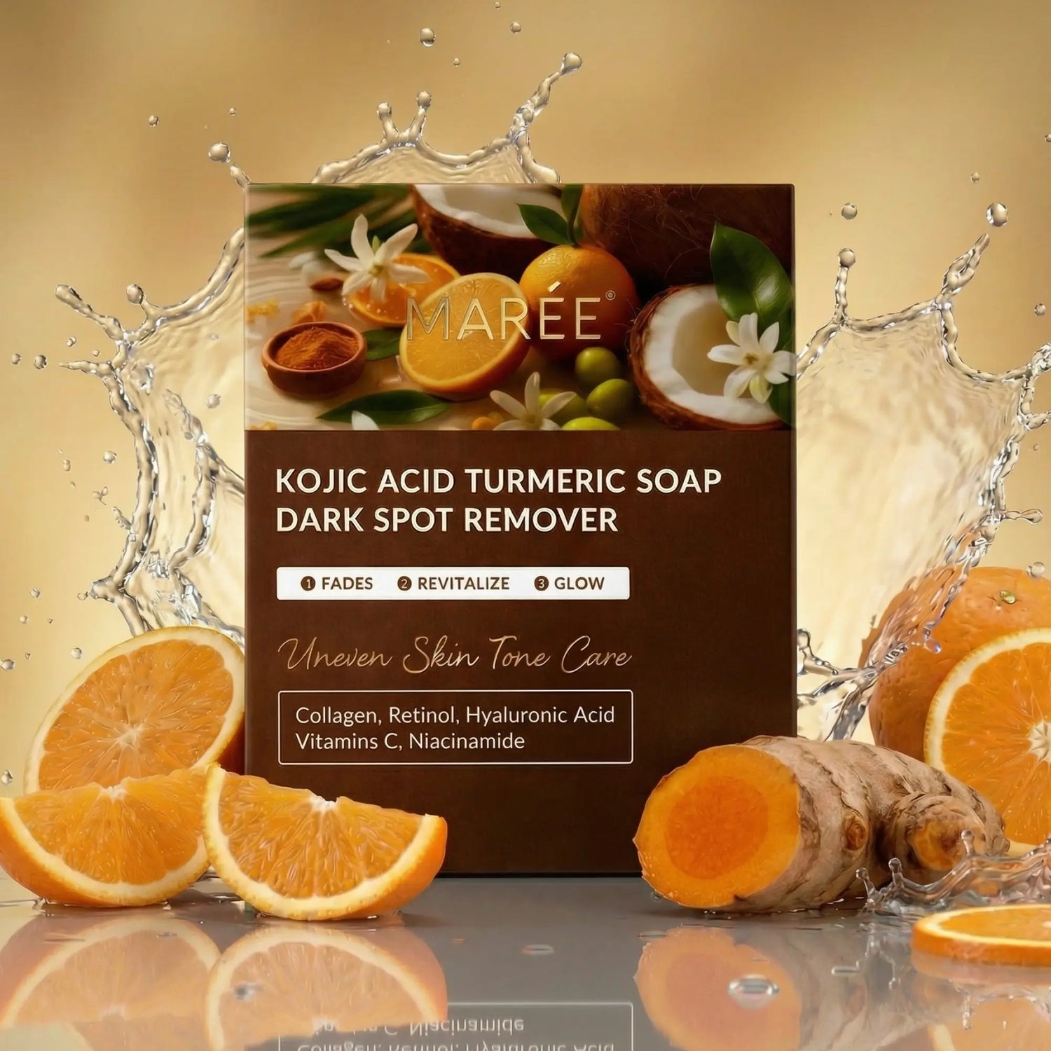 Maree Turmeric Kojic Soap and Scrub bar with natural turmeric and kojic acid ingredients, designed for skin brightening and exfoliation.