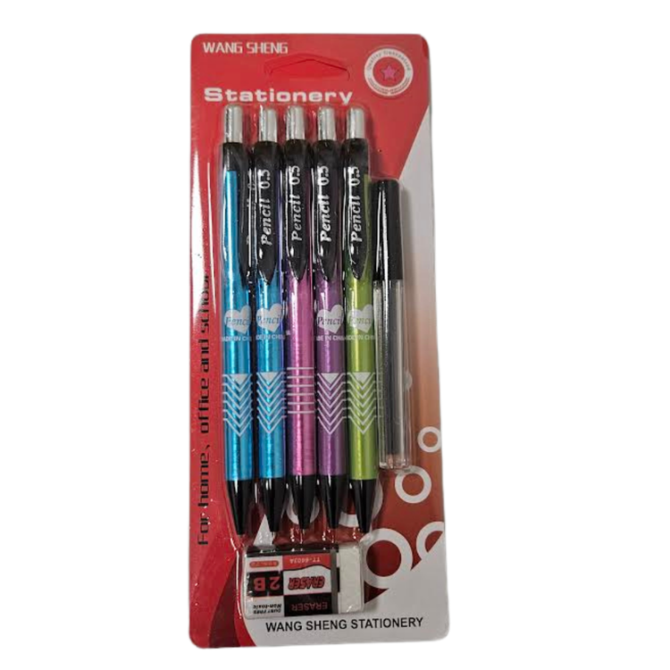 Set of 7 mechanical pencils with erasers from Farmacias Savia, ideal for school and office use, displayed with blue and black pencils.