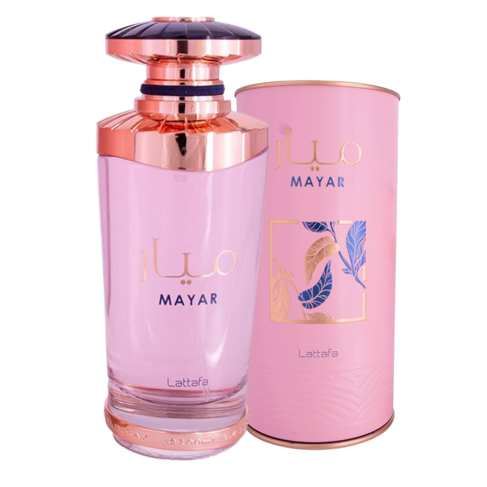 Lattafa Mayar Eau de Parfum for women, 3.4oz, featuring a stylish bottle with floral and fruity fragrance notes.