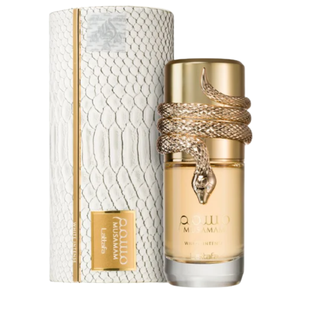 Unisex Lattafa Musamam White Intense perfume bottle, 3.4oz, with elegant white and gold design on a neutral background.