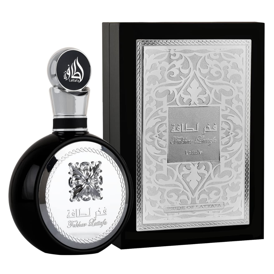 Lattafa Fakhar Black Eau de Parfum for Men in 3.4oz bottle, dark fragrance bottle with gold accents, stylish and masculine design.