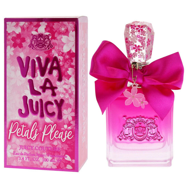 Juicy Couture Viva La Juicy Petals Please Eau de Parfum spray for women, featuring floral fragrance in a decorative bottle.