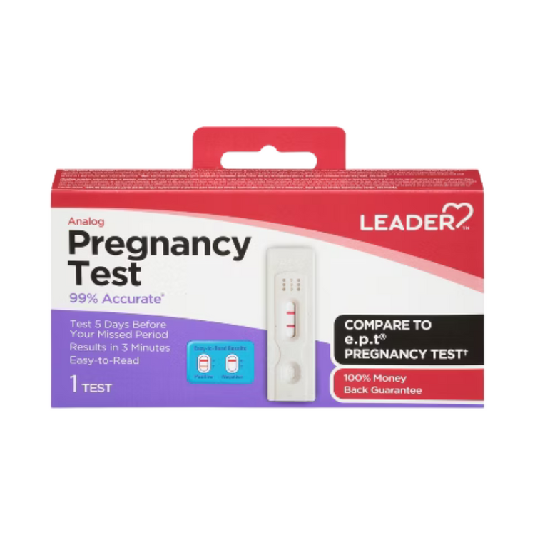 Leader OneStep pregnancy test strip with visible test window showing results, designed for female care testing.