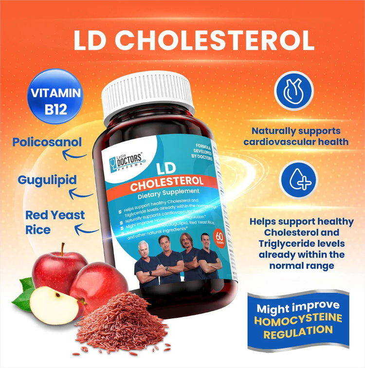 Latin Doctor Cholesterol Tablets 60 count by Farmacias Savia, showing a bottle of dietary supplement tablets.
