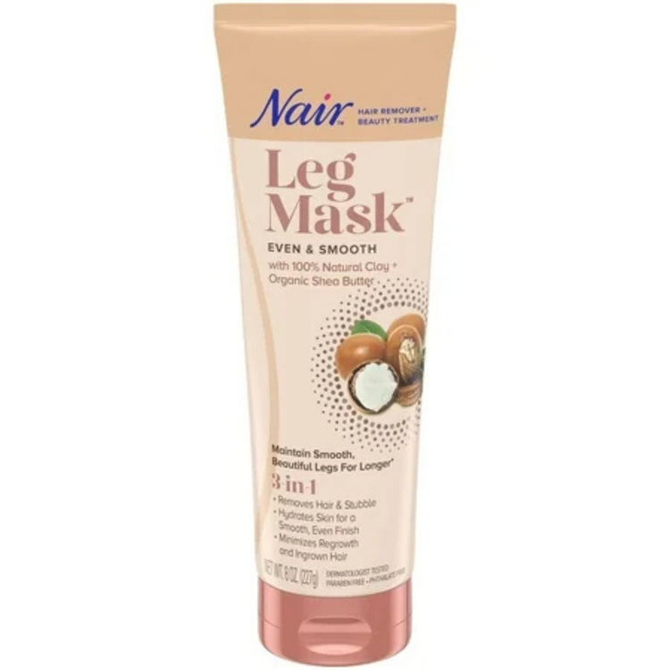 Nair Leg Mask 3-in-1 Even & Smooth skin care product in an 8 oz tube, designed for hair removal and skin smoothing.