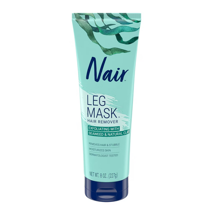 Nair 3-in-1 leg mask for exfoliating and smoothing skin, in an 8 oz container, part of skincare care routine.