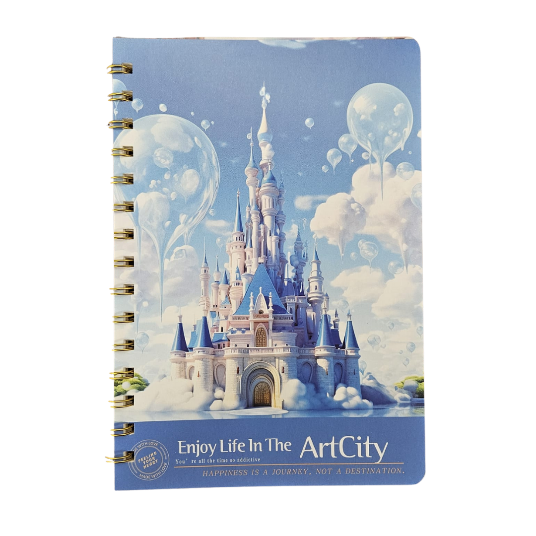 ArtCity spiral notebook with castle design, 9x7 inches, 80 sheets, farmacias Savia escolar stationery, open pages visible