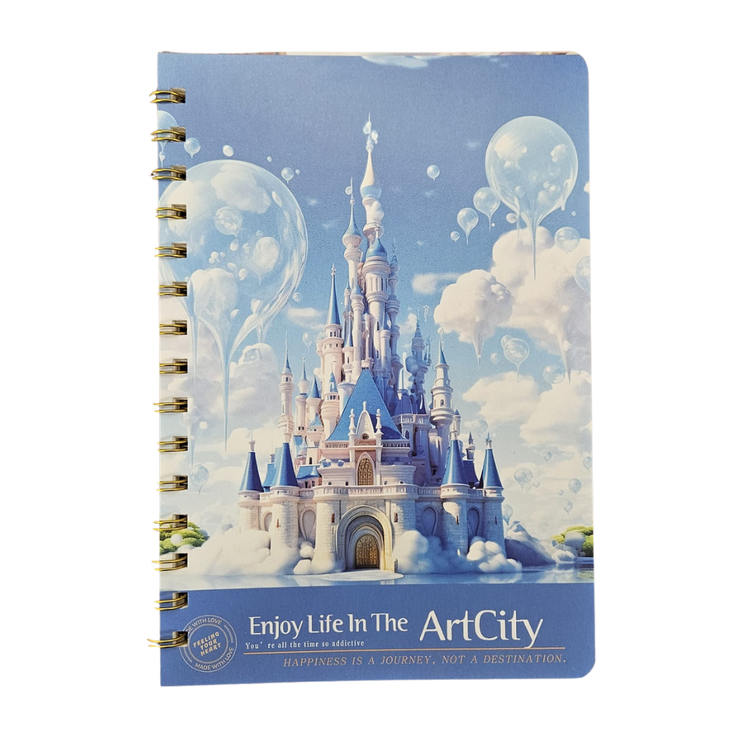 ArtCity spiral notebook with castle design, 9x7 inches, 80 sheets, farmacias Savia escolar stationery, open pages visible