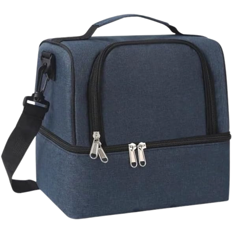 Blue insulated school lunchbox with two compartments by Farmacias Savia, designed for storing and carrying lunch items.