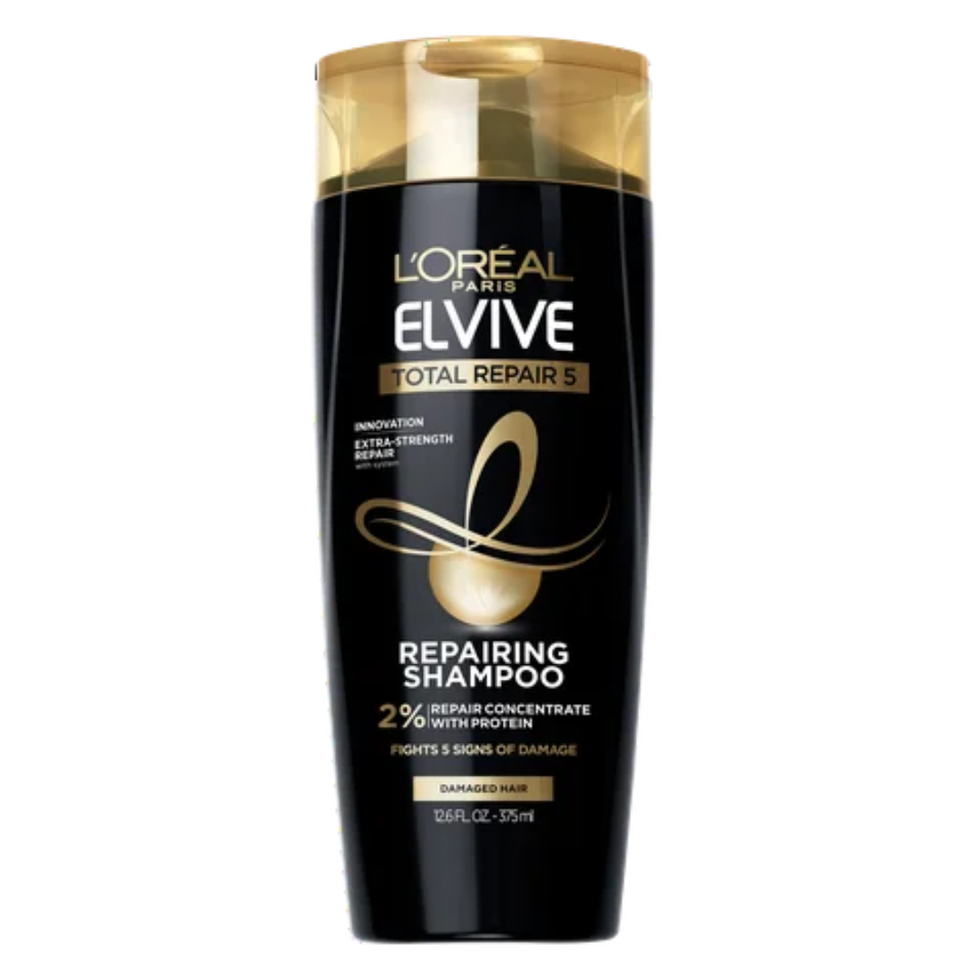 L’Oréal Paris Elvive shampoo bottle for hair care, 12.6 fl oz, with colorful label and product details visible.