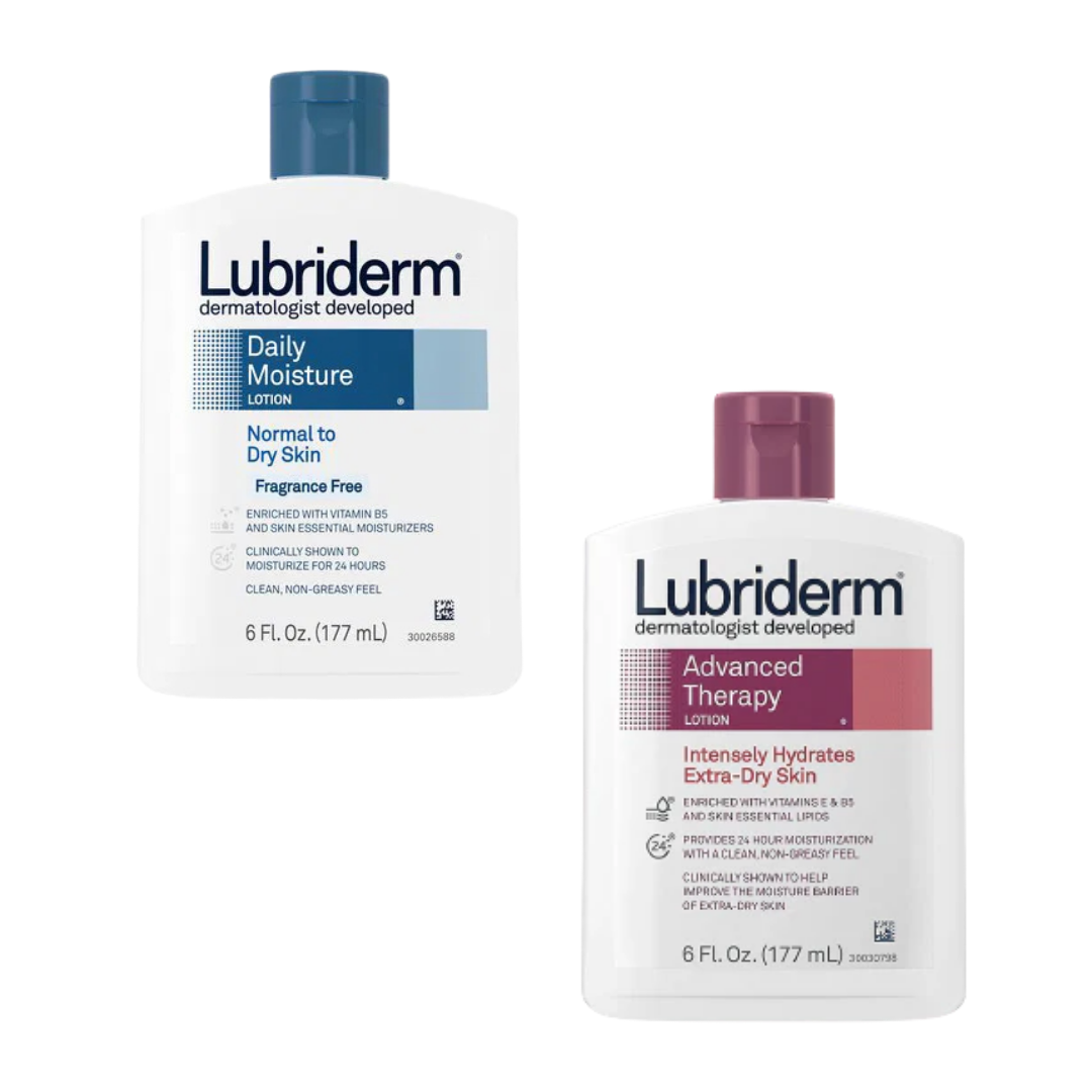 Farmacias Savia Lubriderm Daily Moisture Lotion 6 oz, skincare product in white bottle with blue cap and label.