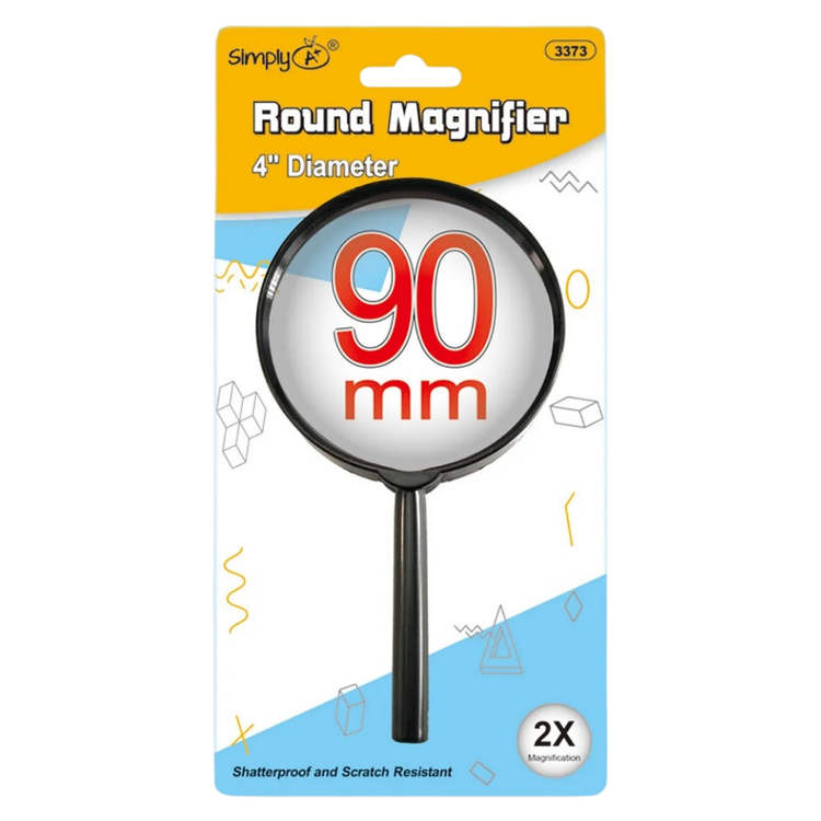 School magnifying glass with 2× magnification and 44mm diameter, featuring a sturdy handle for easy use.