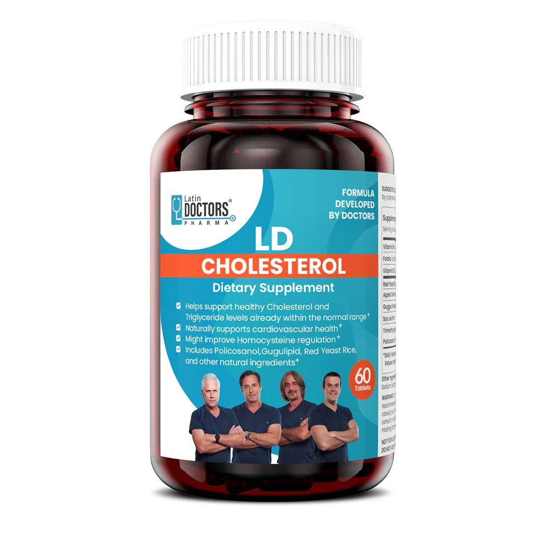 Latin Doctor cholesterol tablets, LD brand, 60 count, showing the package with tablets and label details.