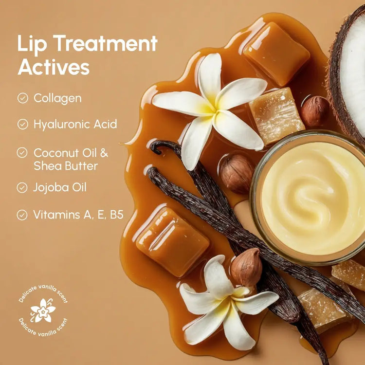 Maree Vanilla Plumping Lip Balm and Moisturizer in a sleek tube, highlighting its smooth, creamy vanilla flavor and hydrating formula.