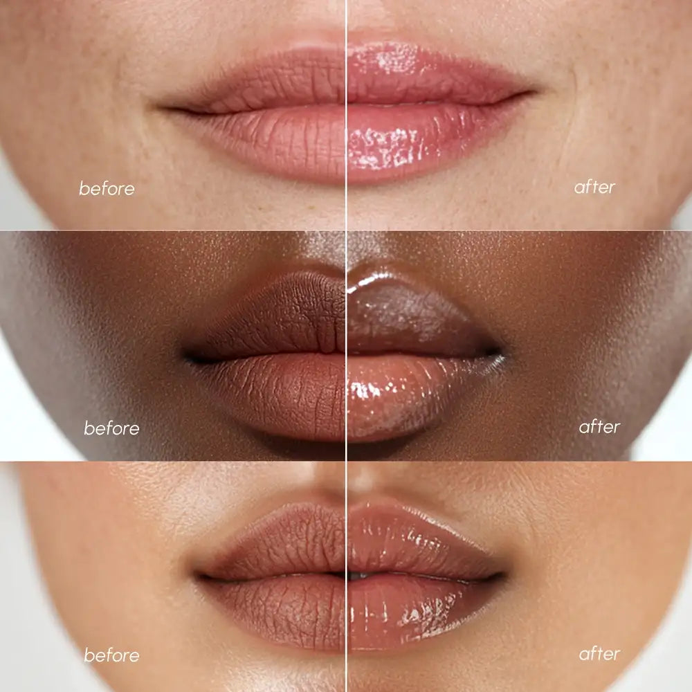 Maree vanilla plumping lip balm and moisturizer applied on lips, featuring a smooth, glossy finish with a vanilla scent.