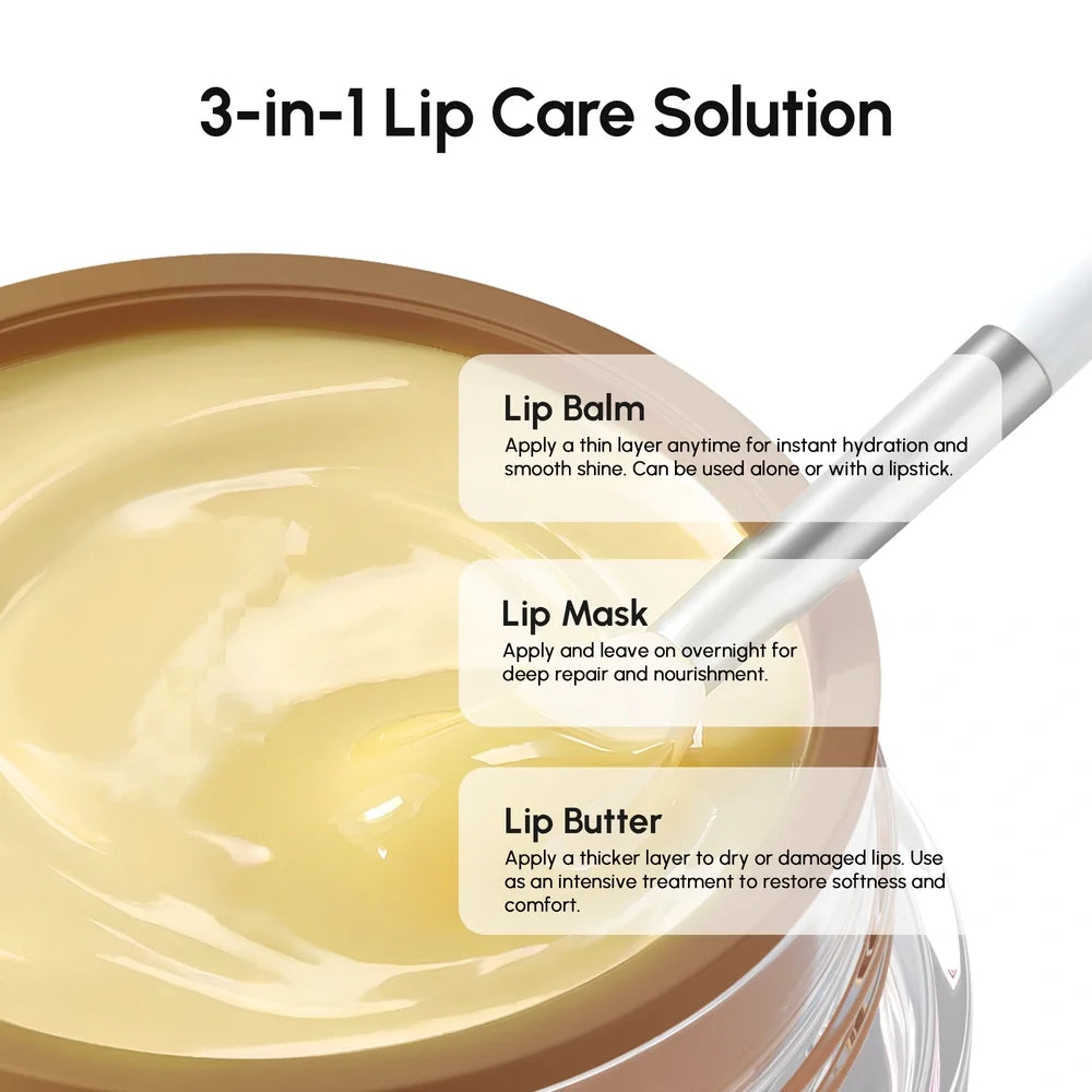Maree vanilla plumping lip balm and moisturizer applied to lips, showcasing smooth, hydrated lips with a vanilla scent.