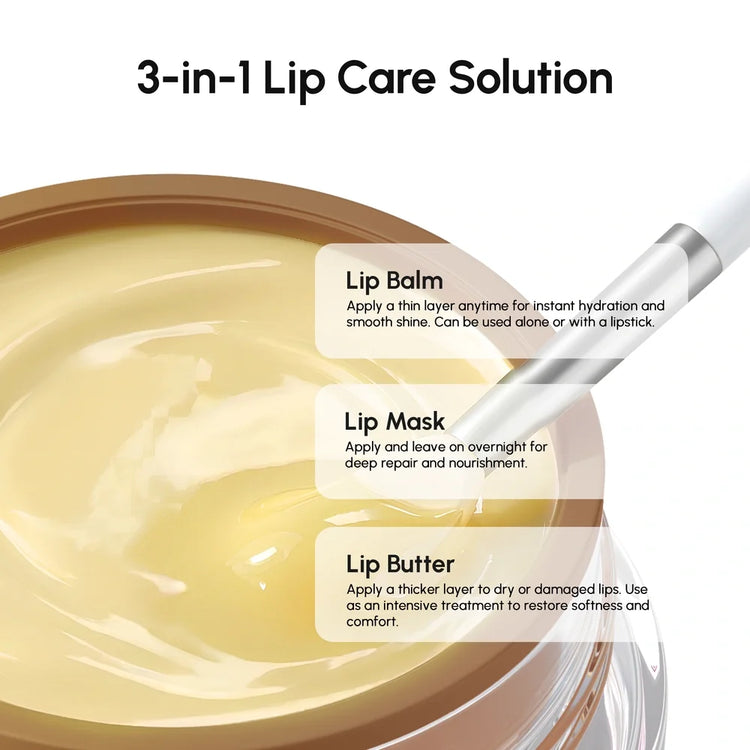 Maree vanilla plumping lip balm and moisturizer applied to lips, showcasing smooth, hydrated lips with a vanilla scent.