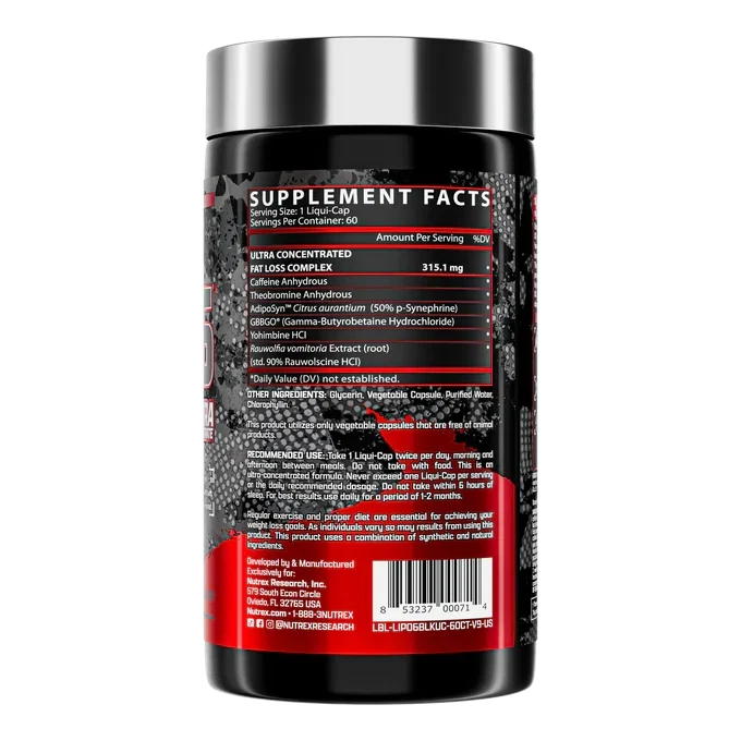 Nutrex LIPO-6 Black Ultra Concentrate weight loss supplement bottle with 60 capsules, featuring black packaging and label design.