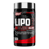 Nutrex LIPO-6 Black Ultra Concentrate weight loss supplement bottle with 60 caps, featuring black and silver label design.
