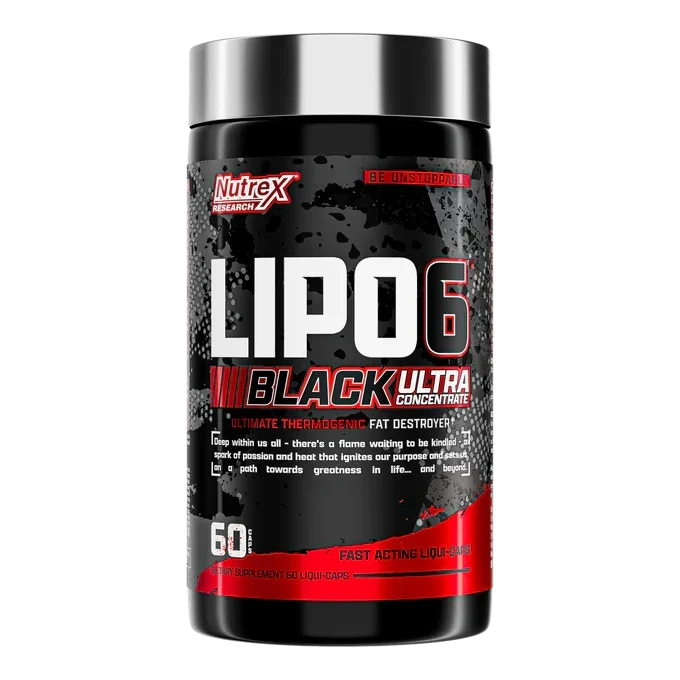 Nutrex LIPO-6 Black Ultra Concentrate weight loss supplement bottle with 60 caps, featuring black and silver label design.