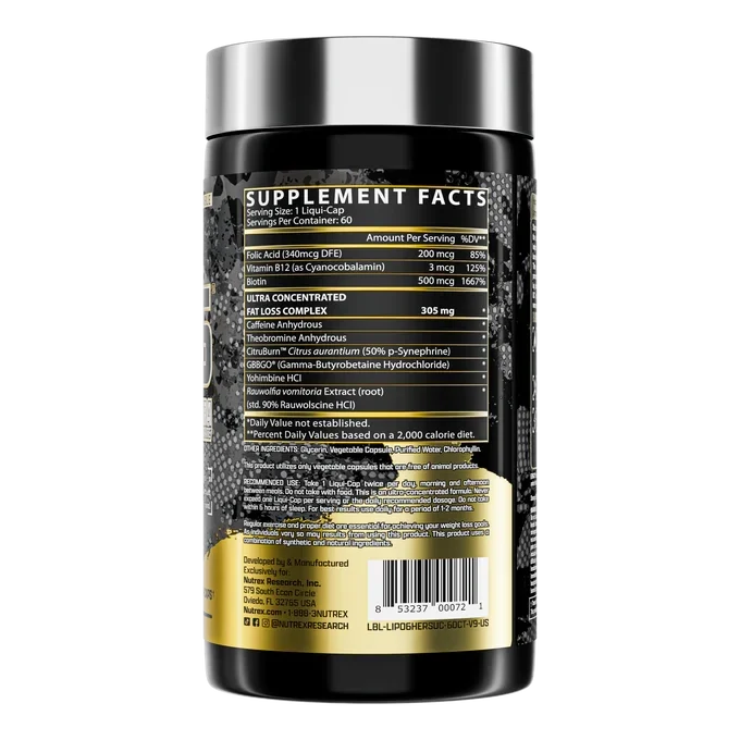 Nutrex LIPO-6 Hers Ultra Concentrate weight loss supplement bottle with 60 capsules, designed for women.