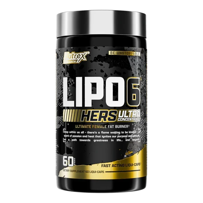 Nutrex LIPO-6 Hers Ultra Concentrate weight loss supplement bottles with 60 capsules, designed for women’s fat burning.