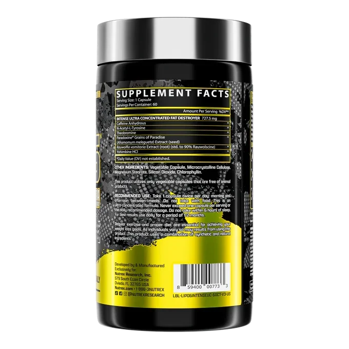 Nutrex LIPO-6 Intense Ultra Concentrate weight loss supplement capsules, 60-count bottle, designed for fat burning and energy boost.