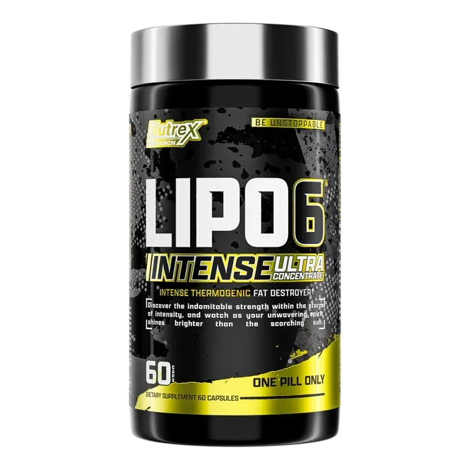 Nutrex LIPO-6 Intense Ultra Concentrate weight loss supplement capsules, shown in black bottle with label, 60 caps.