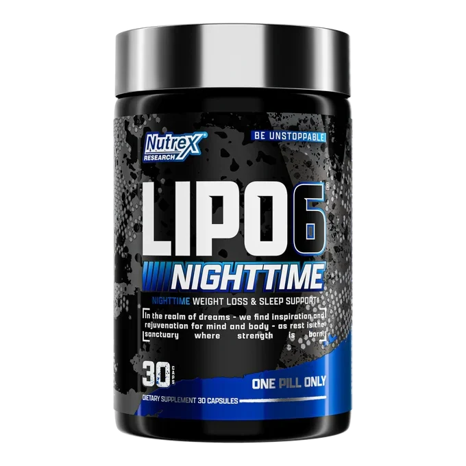 Nutrex LIPO-6 NightTime weight loss supplement bottle with 30 capsules, designed to support nighttime fat burning and metabolic health.