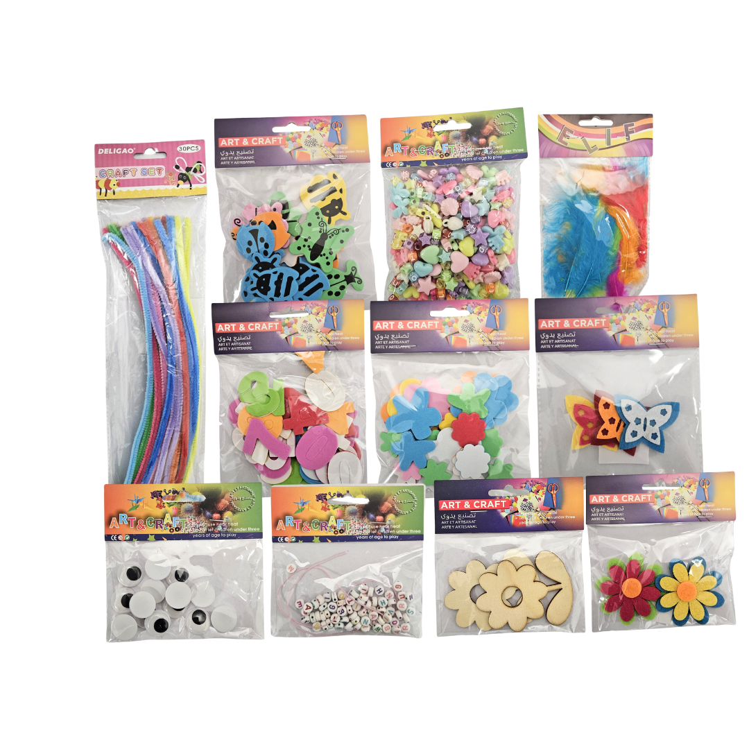 Assorted school craft supplies including colored paper, glue, scissors, and markers for classroom projects.