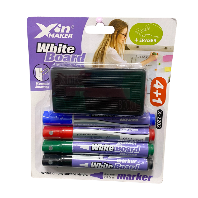 Set of school whiteboard markers with eraser from Farmacias Savia, featuring vibrant ink colors and a convenient eraser.
