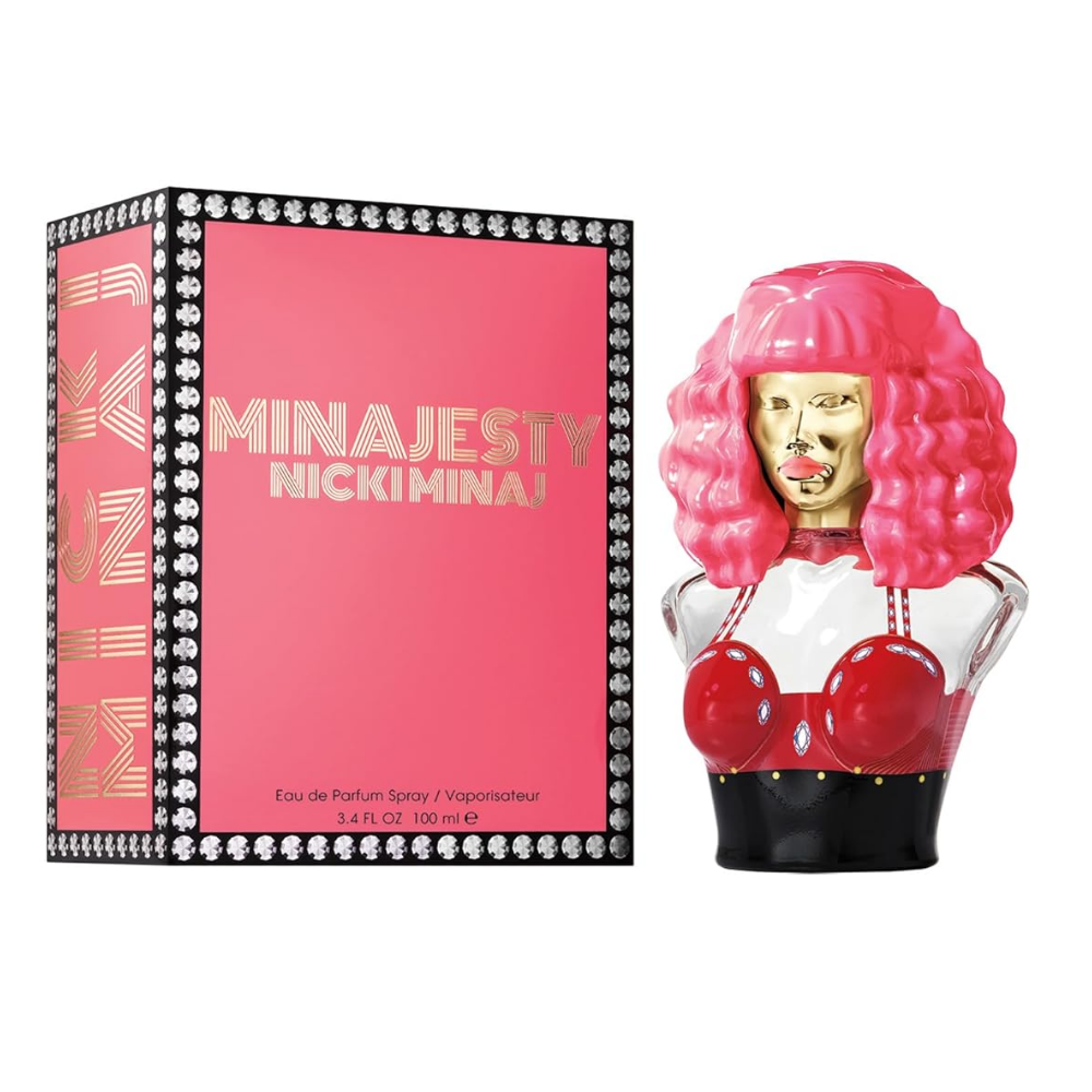 Nicki Minaj Minajesty Eau de Parfum for women, 3.4 oz bottle with floral and fruity scent, featuring colorful packaging.