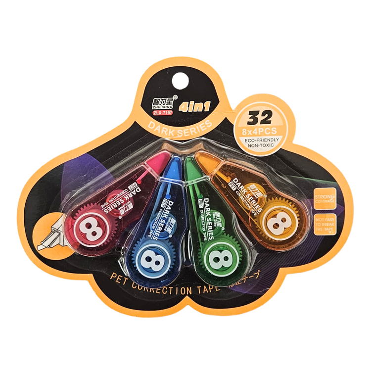 Mini dark series correction tape pack with four 8-meter tapes, ideal for school use, from Farmacias Savia.