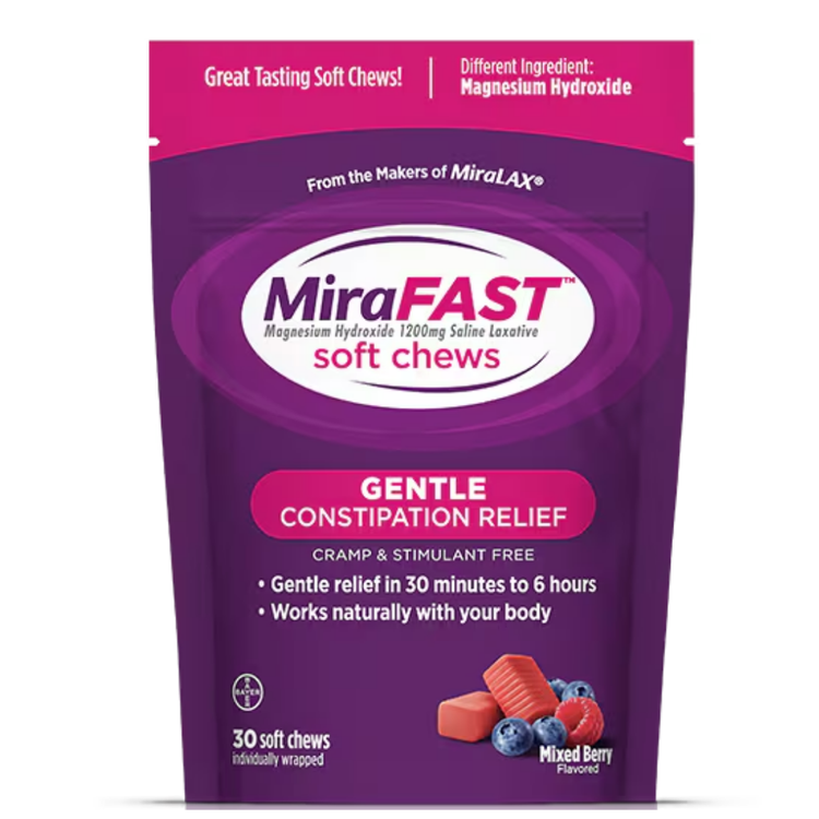 Mirafast Soft Chews Berry Flavor, 30 stomach remedy chews in a clear container with colorful berry-flavored soft chews.