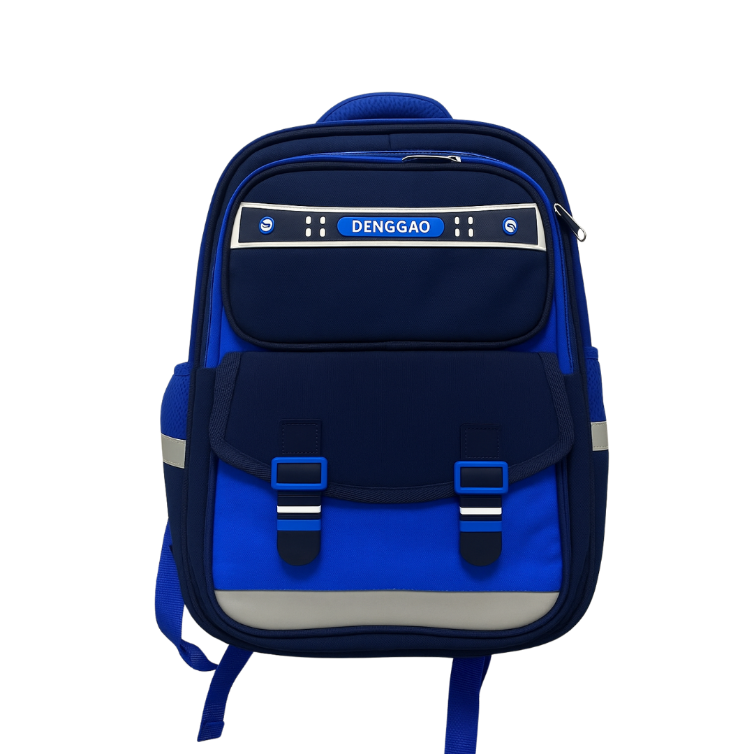 Large blue Denggao Escolar backpack by Farmacias Savia, featuring adjustable straps and multiple compartments for students.