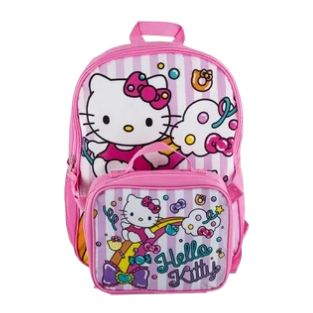 Colorful Hello Kitty school backpack with matching lunchbox, featuring cute cartoon design for kids.