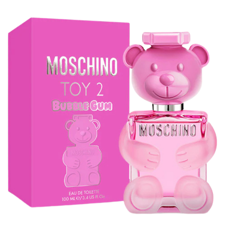 Moschino Toy 2 Bubble Gum Eau de Toilette for women, 3.4 oz perfume bottle with playful design and pink accents.