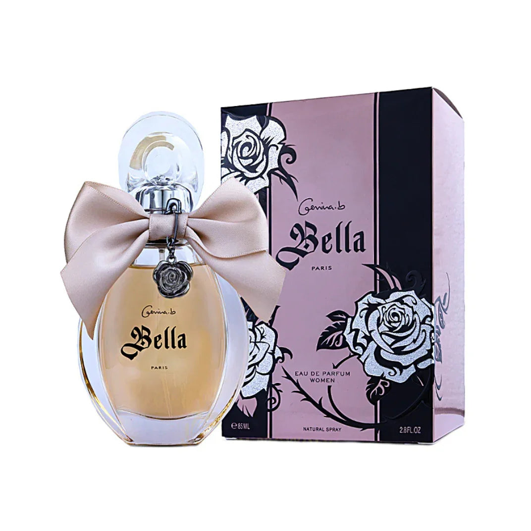Farmacias Savia Gemina B Ladies Bella EDP spray bottle, 2.7 oz, elegant perfume bottle with floral design.