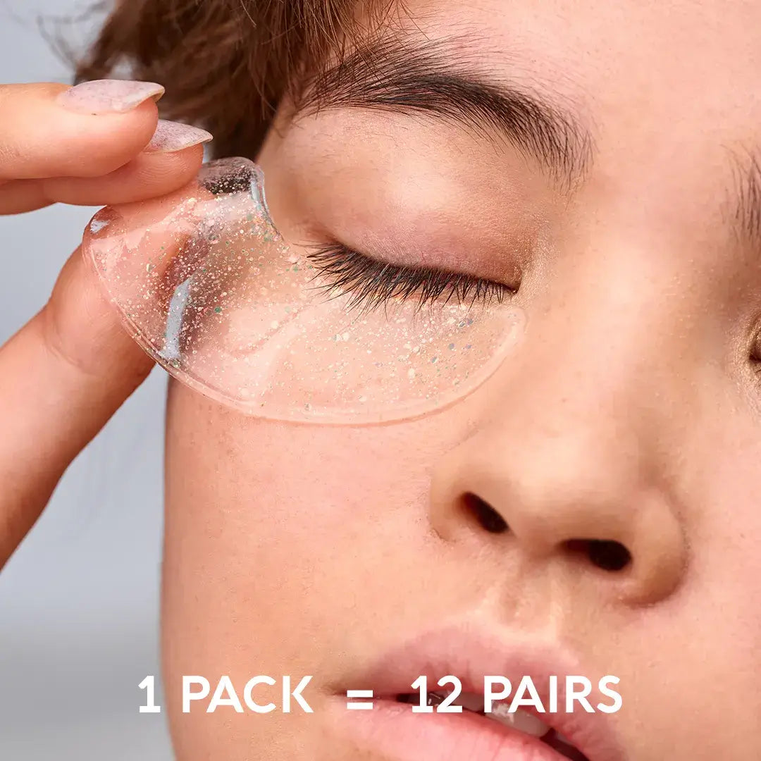 Maree eye patches for puffy eyes featuring a hydrating and soothing formula, shown on a person’s under-eye area.