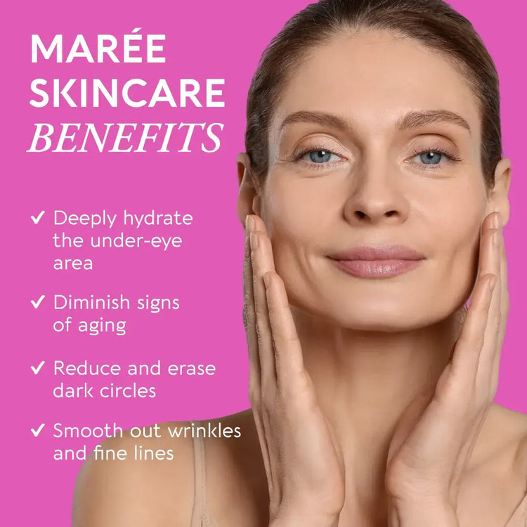 Maree eye patches for puffy eyes with hydrating and soothing formula, shown on a woman’s under-eye area in the image.
