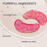 Maree eye patches for puffy eyes with hydrating and soothing formula, shown on a person’s under-eye area in the image.