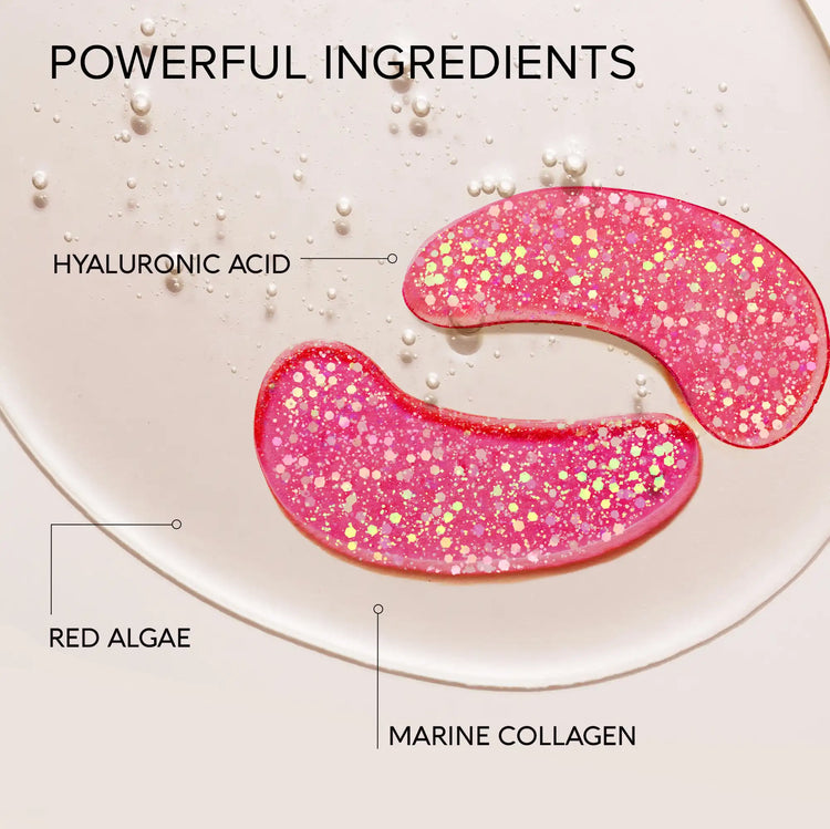Maree eye patches for puffy eyes with hydrating and soothing formula, shown on a person’s under-eye area in the image.