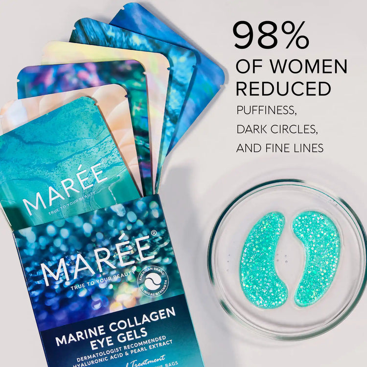 Maree eye patches for puffy eyes with hydrating and soothing gel formula, showing the gel-filled patches on a woman&